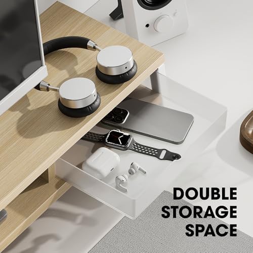 Fenge Dual Monitor Stand Riser, 42.5in Desk Shelf with 2 Drawers, Oak
