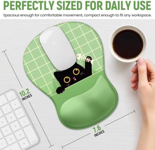 Ergonomic Mouse Pad with Wrist Rest, Gel Wrist Support, Green Cat