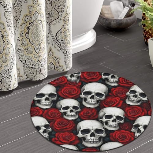 Large Machine Washable Circular Rugs, Home Decor Round Mat for Living Room Sofa Office Floral Horror Rose Skull