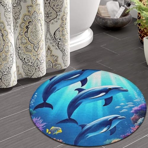 Women's Large Home Decor Mat, Soft Round Yoga Carpet, Non Slip Machine Washable Home Office Circle Rug Dolphin Under Sea World