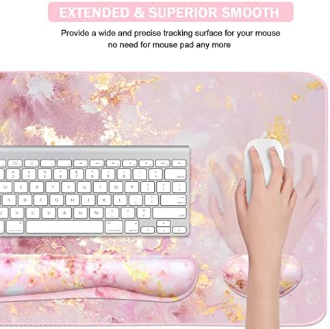 Large Mouse Pad and Keyboard Wrist Rest, Desk Pad for Keyboard and Mouse, 4-in-1 Large Gaming Mouse Pad with Wrist Support, Non-Slip Desk Mat for Home Office Study Game-Pink Gold Marble