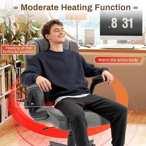 Massage Office Chair, 500LBS Ergonomic Rocking Executive Desk Chairs with 4 Points Vibration&Heat,Padded Flip-up Armrests for Big and Tall Office Chair,Swivel Computer Chair Thicken Back,Grey