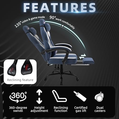 Shintenchi Big and Tall Gaming Chair Fabric Pocket Spring Cushion,High Back Recliner with Footrest and Headrest for Adults, Massage Lumbar Support for Home Office, Ergonomic Computer Desk Chair, Blue