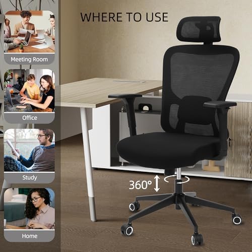 Monhey Black Office Chair, Ergonomic Office Chair, Home Office Desk Chair for Big and Tall People, Computer Chair with Adjustable Headrest, Lumbar Support, Flip-Up Arms, PU Wheels (03black)