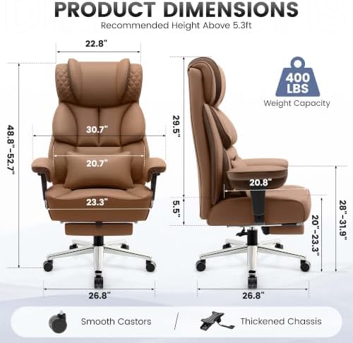 BestGlory Office Desk Chair, Big and Tall Leather Gaming Chair with Footrest, Ergonomic Comfy Executive High-Back Reclining Computer Chairs, Wide Swivel Rolling Wheels and Padded Lumbar Support,