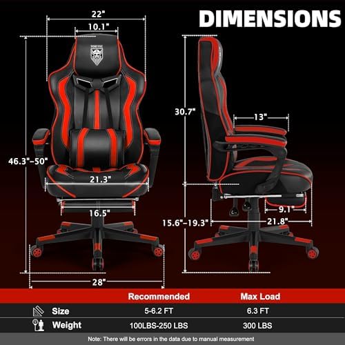 Vonesse Gaming Chair for Adults, Reclining Gaming Chairs with Footrest and Massage, Computer Gaming Chair for Heavy People,Ergonomic Gamer Chair Big and Tall (Red/Black)