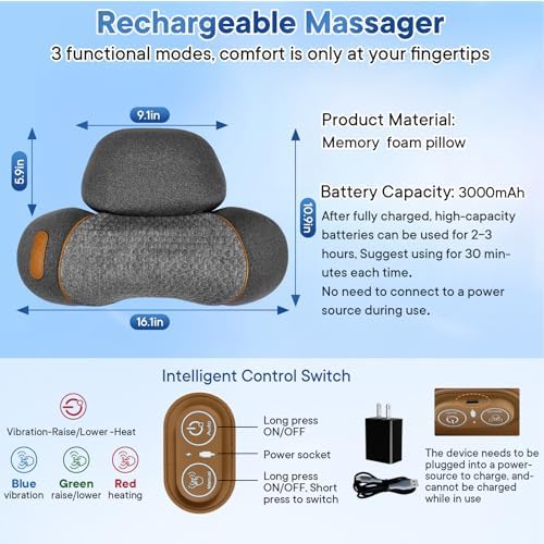 Cordless 3-in-1 Neck Massage Pillow with Heat, Massage, and Traction Stretching,Deep Tissue Massage Relieves Shoulder and Neck Muscle Pain and Stiffness, Gifts for Men Women
