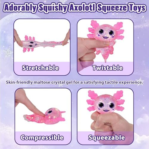 Axolotl Squishy Toy Squeeze Stress Relief Fidget Sensory Toy for Kids Adults, Cute Handheld Stress Ball for Anxiety and Focus, Purple Big Ears(Pink)