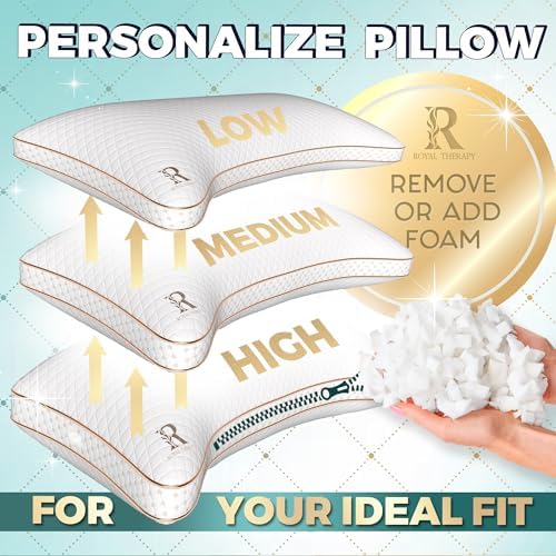 Royal Therapy King 2-Pack Memory Foam Pillow, Adjustable Shredded Odor-Free Cut-Out Bed Pillow for Neck & Shoulder Pain Relief, Breathable Support for Back, Stomach, Side Sleepers, BioForm