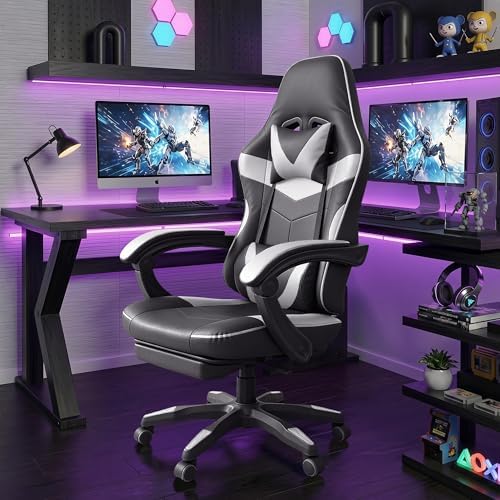 J.M.-Deco Gaming Chair Office Chair-Big and Tall Office Ergonomic Chair with Foot Rest - Comfy Desk Chair with Lumbar Support,Black and White