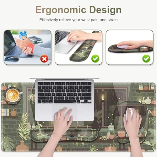 Aesthetics Large Mouse Pad with Wrist Support 4 in1 Set, XXL Big Game Mousepad + Keyboard Wrist Rest + Mouse Wrist Rest Pad +Coaster Gaming Mat for Home Office Computer I Green Plants and Black Cat
