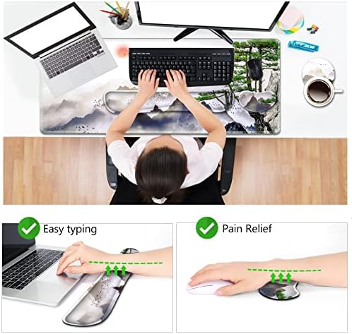 AIMSA Large Gaming Mouse Pad Set, Keyboard Wrist Rest Support + Extended Mouse Pad + Mouse Wrist Cushion + Coaster, Ergonomic Memory Foam Desk Mat 35x15.7in Anti-Slip Base (Pine Tree Mountains)