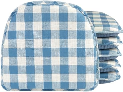 Klear Vu The Gripper Non-Slip Linen Check Dining Kitchen Chair Pads, 16" x 15", Set of 6, Liza Check Blue