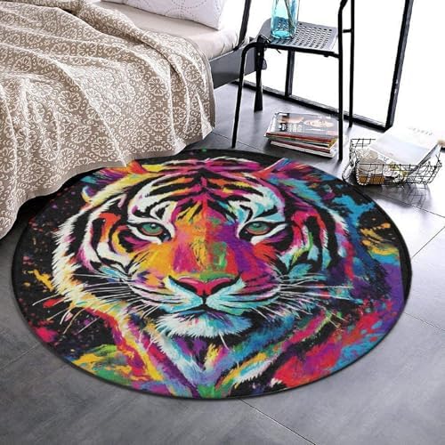Home Decor Non Slip Kitchen Office Circle Rug, Machine Washable Modern Round Area Rug, Room Sofa Yoga Soft Round Carpet Colorful Splash Ink King of Tiger Art, 36inch