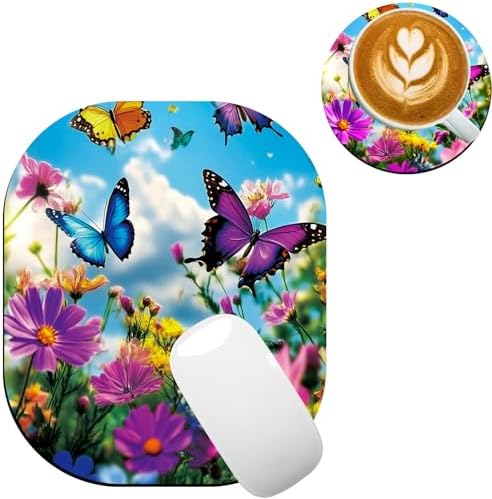 Small Mouse Pad，Mini Mouse Pad 6 x 7 Inch，for Laptop Keyboard Tray Wireless Mouse Home Office Travel，with Non-Slip Rubber Base, Waterproof Mouse Mat，Butterflies in Flower Field