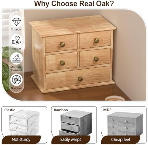 Oak Desk Organizer with Drawers, Durable Wooden Desktop Storage Box