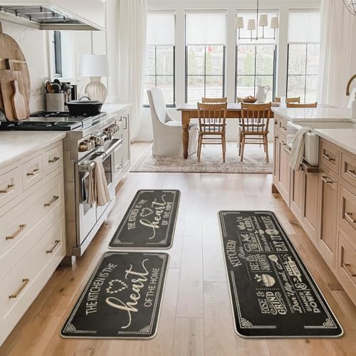 Artoid Mode Black Cooking Sets Kitchen Mats Set of 3, Seasonal The Kitchen is The Heart of The Home Holiday Party Low-Profile Floor Mat for Home Kitchen - 17"x29"+17"x36"+17"x47"