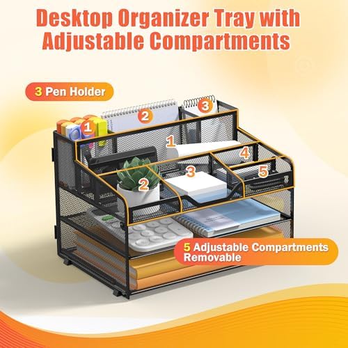 Docnest 3 Tier Mesh Desk Organizer with Letter Tray & Paper Sorter, Black
