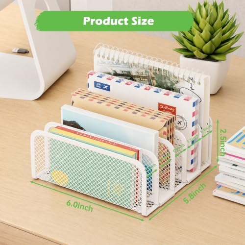 Mail Organizer Countertop, Metal File Holder with 5-Slot, Small Desk File Organizer for Letter, Bill, Mail Sorter, Desktop Letter Folder Holders for Office, Home, School (White)