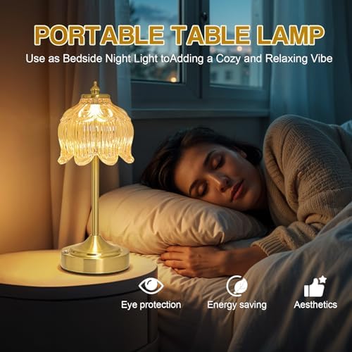 Cordless Table Lamp, Rechargeable Amber Glass Lotus Flower Lamp