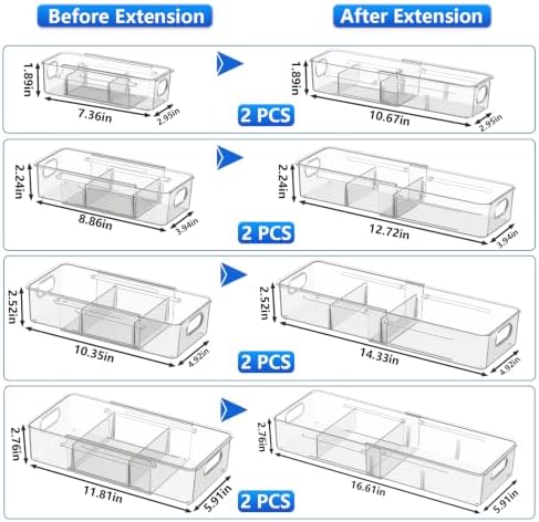 8 Pcs Expandable Drawer Organizer, Adjustable Desk Drawer Organizer with Dividers, 4-Sizes Plastic Storage Bins for Makeup, Kitchen, Bathroom Vanity, Office & Gadgets Drawer