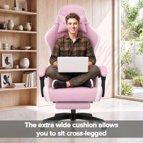 GTPLAYER Gaming Chair Fabric with Pocket Spring Cushion, Big and Tall Gamings Chairs 350LBS High Back Computer Chair with Footrest for Adults Lumbar Support Swivel Game Chair for Office Pink
