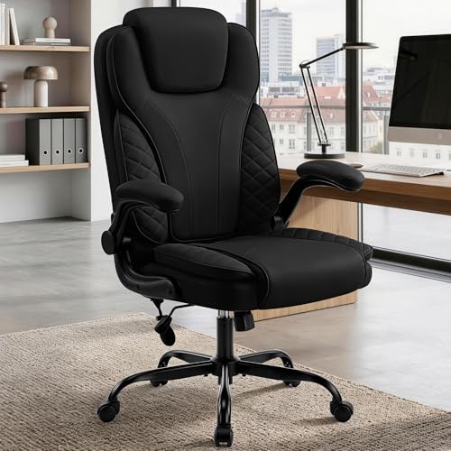 Ergonomic Office Chair, PU Leather High Back Executive Chair with Adjustable Inflatable Lumbar Support and Padded Flip-Up Arms, Recline Swivel Task Computer Chair for Home Office, Black