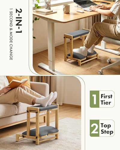 Amazer Double Step Foot Rest for Under Desk, 4 Adjustable Heights Bamboo Under Desk footrest with Soft Cushion, Dual-Layer Desk Foot Stool for Office Home Gaming, Natural Wood Foot Rests for Work