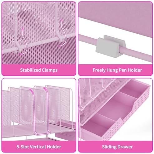 LEKETREE Pink Desk Organizer, Office Organization with Vertical File Holder, File Organizer with Drawer and Pen Holder, Desk Accessories and Workspace Organizers for Home Office (Pink)