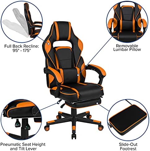 Flash Furniture X40 Gaming Chair Racing Ergonomic Computer Chair with Fully Reclining Back/Arms, Slide-Out Footrest, Massaging Lumbar - Black/Orange