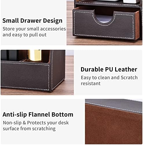 KINGFOM Pu Leather Desk Organizer Pen Pencil Holder Office Supplies Caddy Storage Box 6 Compartments with Drawer Brown
