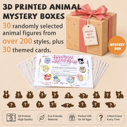 30 Pack Mystery 3D Printed Animal Figurines with 30 Adoption Cards, Articulated Mini Animal Desk Pets, Flexible Fidget Toys, Party Favors and Gifts, Classroom Reward, for Teacher