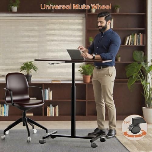 Mobile Small Standing Desk,Gas Spring Adjustable Height Rolling Portable Laptop Desk with Lockable Wheels, Computer Workstation for Home Office, Dark Walnut