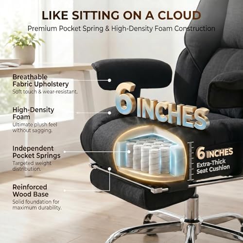 mokodo Big and Tall Office Chair 400lbs, Breathable Fabric Executive Desk Chair with Pocket Spring Cushion, 155° Reclining Computer Chair with Integrated Headrest & Lumbar Pillow (Black)