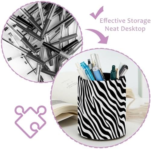 Leather Pen Holder for Desk, Zebra Print Pencil Cup Pen Organizer Makeup Brush Holder for Office Home Kids Countertop Desk Accessory Storage