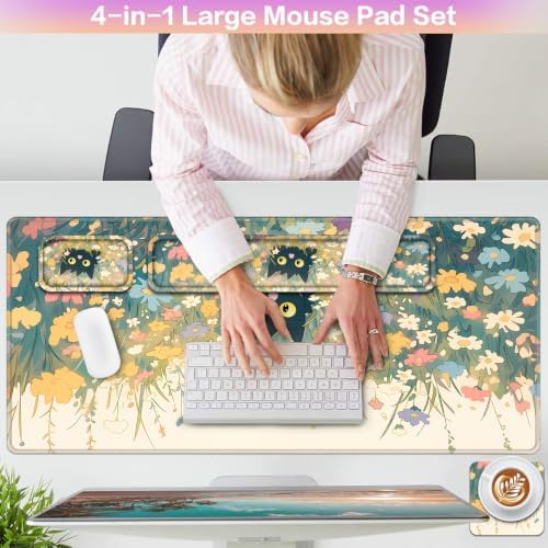 Desk Mat, Large Gaming Mouse Pad with Wrist Rest, 4in1 XXL Mousepad+Keyboard Wrist Rest+Mouse Pad Wrist Support+Cup Coaster Set Ergonomic Computer Desk Arm Wrist for Decor Home Office Women