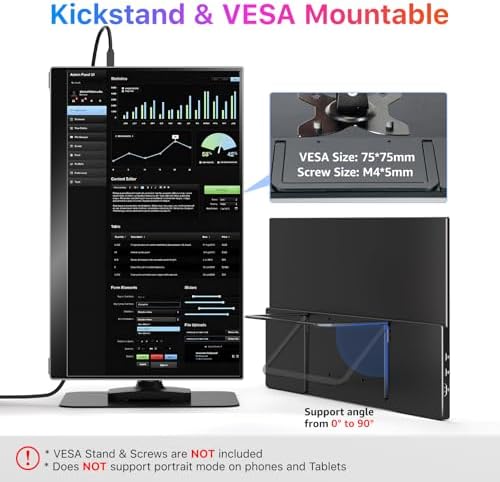 kksmart Portable Monitor for Laptop MacBook Surface PC Xbox PS5, Travel Monitor Second Screen for Laptop, HDMI USB-C VESA Compatible Built-in Speaker, 17.3