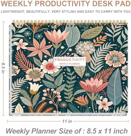 Weekly Productivity Planner - 8.5" x 11" Dashboard Desk Notepad Has 6 Focus Areas to List Tasks for Goals, Projects, Clients, Academic or Meal-Organize Your Daily Work Efficiently, 54 Weeks, Flower-C