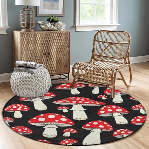 Fashion Round Area Rug Large Non Slip Carpet, Black Red Mushroom Lovers Unisex Home Decor Mat