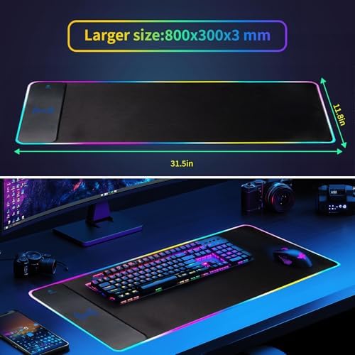 RGB Gaming Mouse Pad with Wireless Charging 15W, LED Mouse Mat 31.5 * 11.8 in, 10 Light Modes Extra Large Mousepad Non-Slip Rubber Base Computer Keyboard Mat for Gaming, MacBook, PC, Laptop, Desk