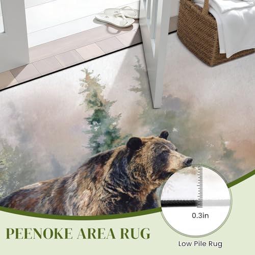 Peaceful Bear by Pine Trees Sunlit Moss Warm Tones Area Rug Outdoor Patio Rug Play Mat Modern Floor Carpet Non-Slip Home Decor Living Room Kids Bedroom Nursery, 9x12 ft