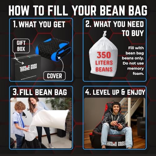 Gaming Bean Bag Chair Cover for Adults, High Back, Large Pockets, Blue