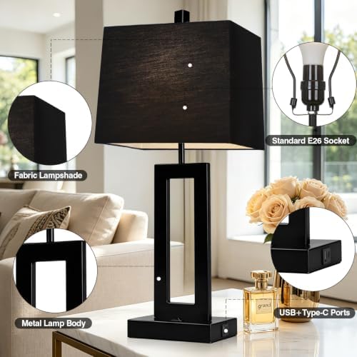 Cinkeda Black Bedside Table Lamp Set of 2, Nightstand Lamps with USB Ports
