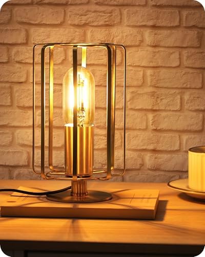 Industrial Table Lamp, 8.5" Small Brass Table Lamp with Dimmable 2400K Warm Light LED Bulb, Vintage Brass Desk Lamp, Gold Bedside Lamp for Bedroom, Study, Office, Small Space, D05TL05