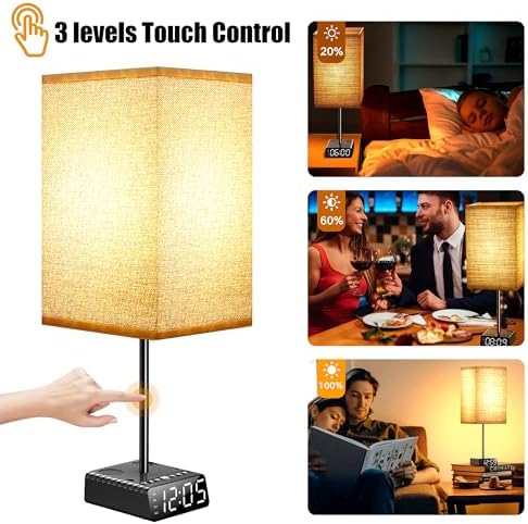 Touch Control Nightstand Light,Bedside Lamp with Alarm Clock&Charging Station - 2 Alarm Clock+ 2AC + 1USB-A + 1USB-C,Lamps with USB Ports and Outlets,3-Level Dimmable Touch Lamp