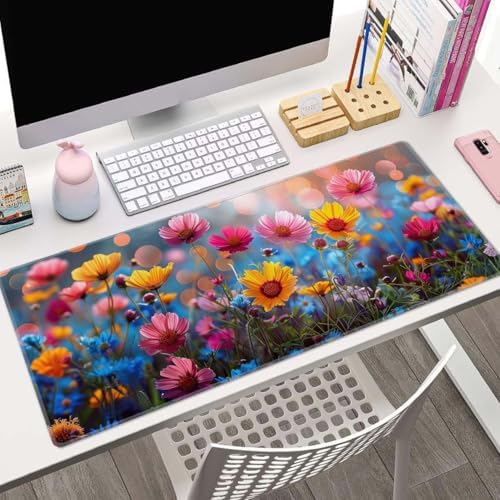 Floral Desk Mat Pink Yellow Blue Aesthetic Desk Pad Flower Plant Extended Mouse Pad Large Gaming Mousepad XL Laptop Computer Mouse Keyboard Mat 31.5 x 11.8 in for Office Desk Decor