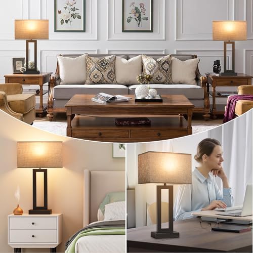 Seealle 22" Tall Living Room Lamps for Night Stands - Touch Bedside Lamp with USB C+A, 3 Way Dimmable Bedroom Lamps for End Tables Set of 2, Modern Night Stand Lamps for Bed Side(Grey&Black)