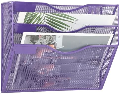 EASEPRES 3 Pocket Mesh Hanging Wall File Organizer, Wall Mounted Mail Paper Document Folder Holder, Clipboard Storage Organization Magazine Rack with Nametag Label for Office School Home, Purple