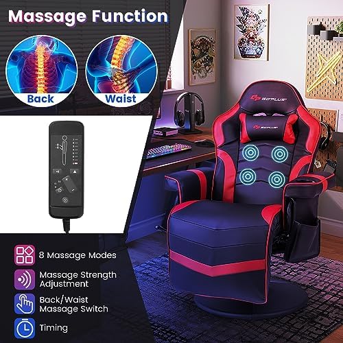Goplus Gaming Chair, Height Adjustable Massage Video Game Chair with Retractable Footrest, Cup Holder, Headrest, Swivel Office Chair, Racing Style Swivel Gamer Chair (Red)