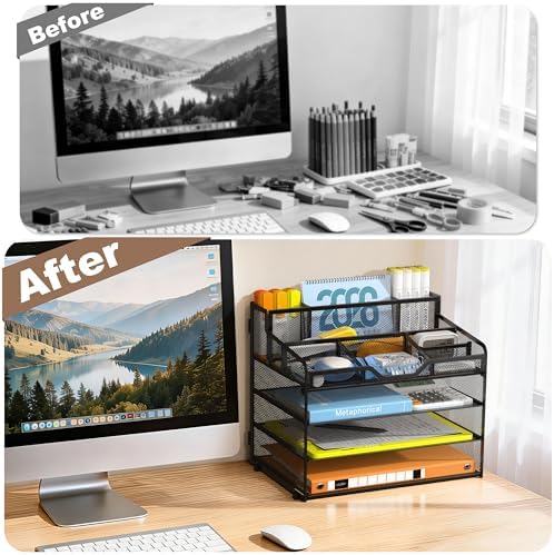Docnest 4 Tier Mesh Desk Organizer with Letter Tray & Paper Sorter, Black